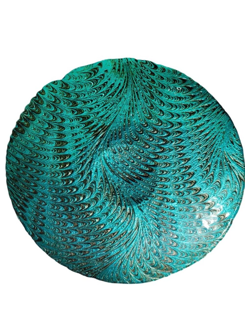 Turkish Akcam Decorative Glass Plate Bowl Swirling Teal Peacock Pattern 12" Diam